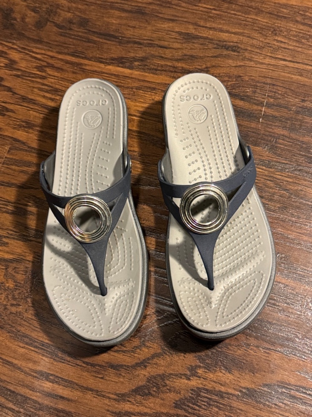 CROCS Black Thong Sandals with Silver Ring Detail
